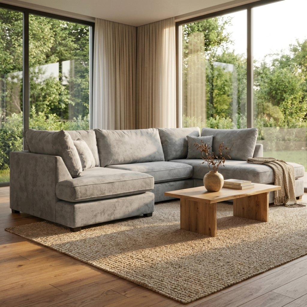 Carnaby Cinema Grey Fabric U Shape High Back Corner Sofa + Footstool