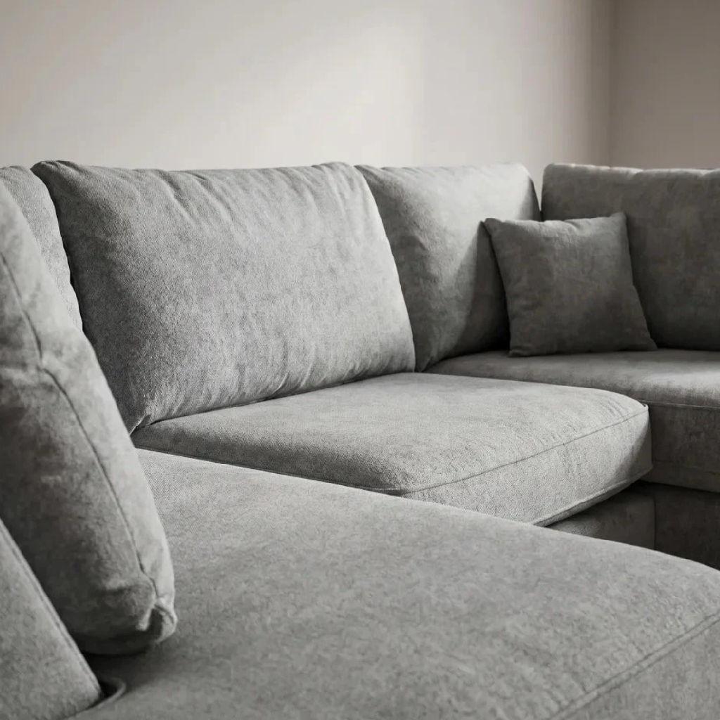 Carnaby Cinema Grey Fabric U Shape High Back Corner Sofa + Footstool