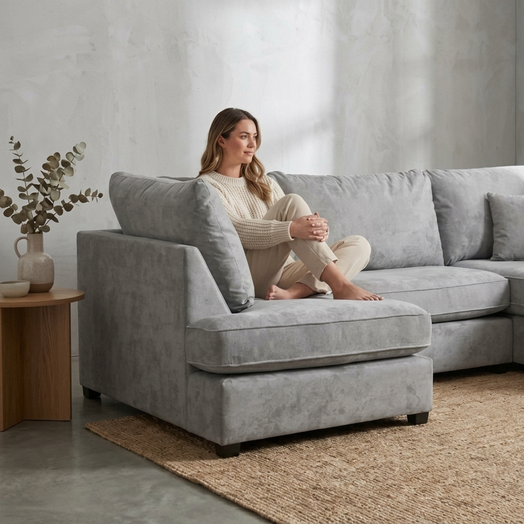 Carnaby Cinema Grey Fabric U Shape High Back Corner Sofa + Footstool