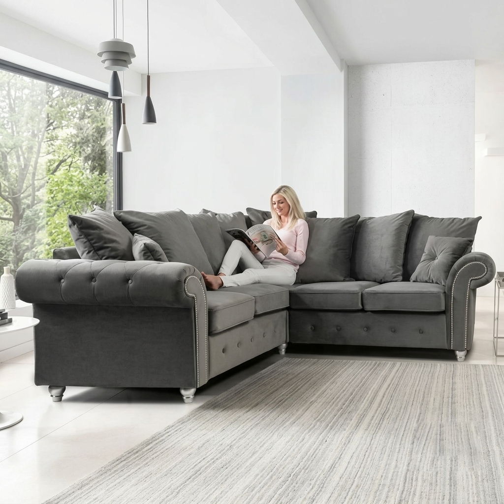 Olympia Grey  Plush Velvet Fabric 5 Seater Corner Sofa