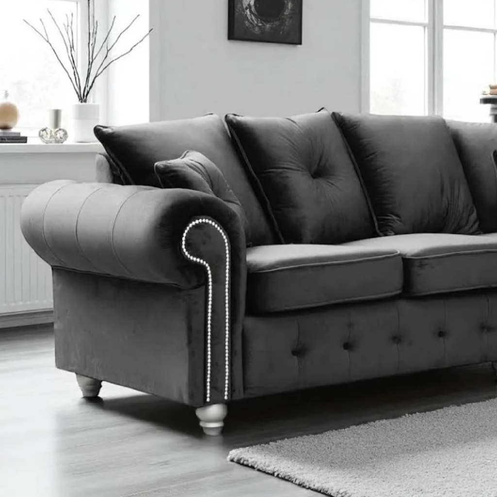 Olympia Grey  Plush Velvet Fabric 5 Seater Corner Sofa