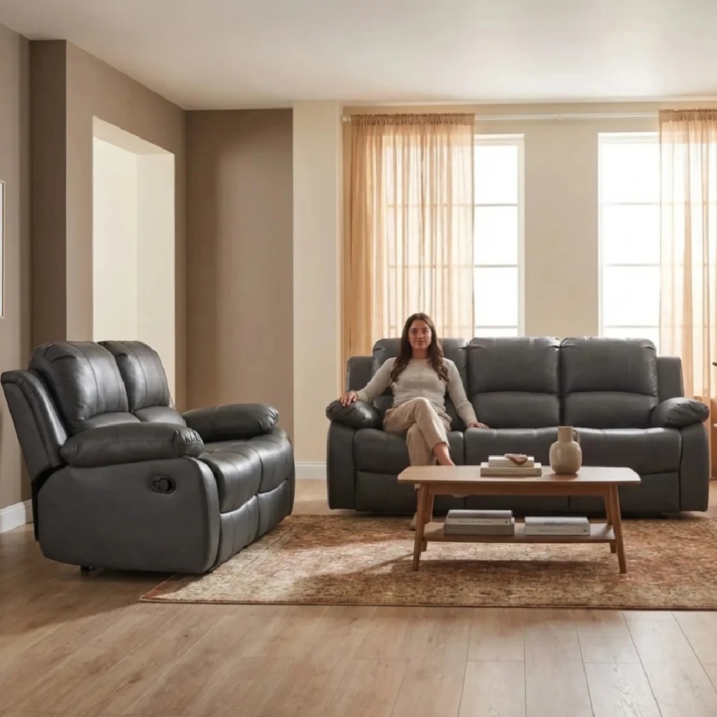Valencia Grey Leather Recliner 3+2 Seater Sofa Set