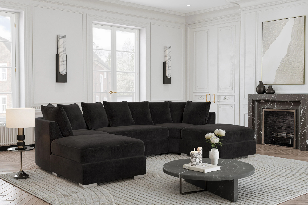 Hampton Black Ferando Fabric Scatterback U Shape Sofa