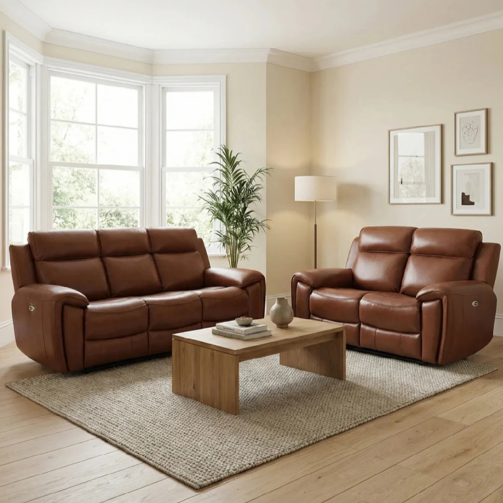 Annecy Genuine Leather Tan Electric Power Recliner 3+2 Seater Sofa Set