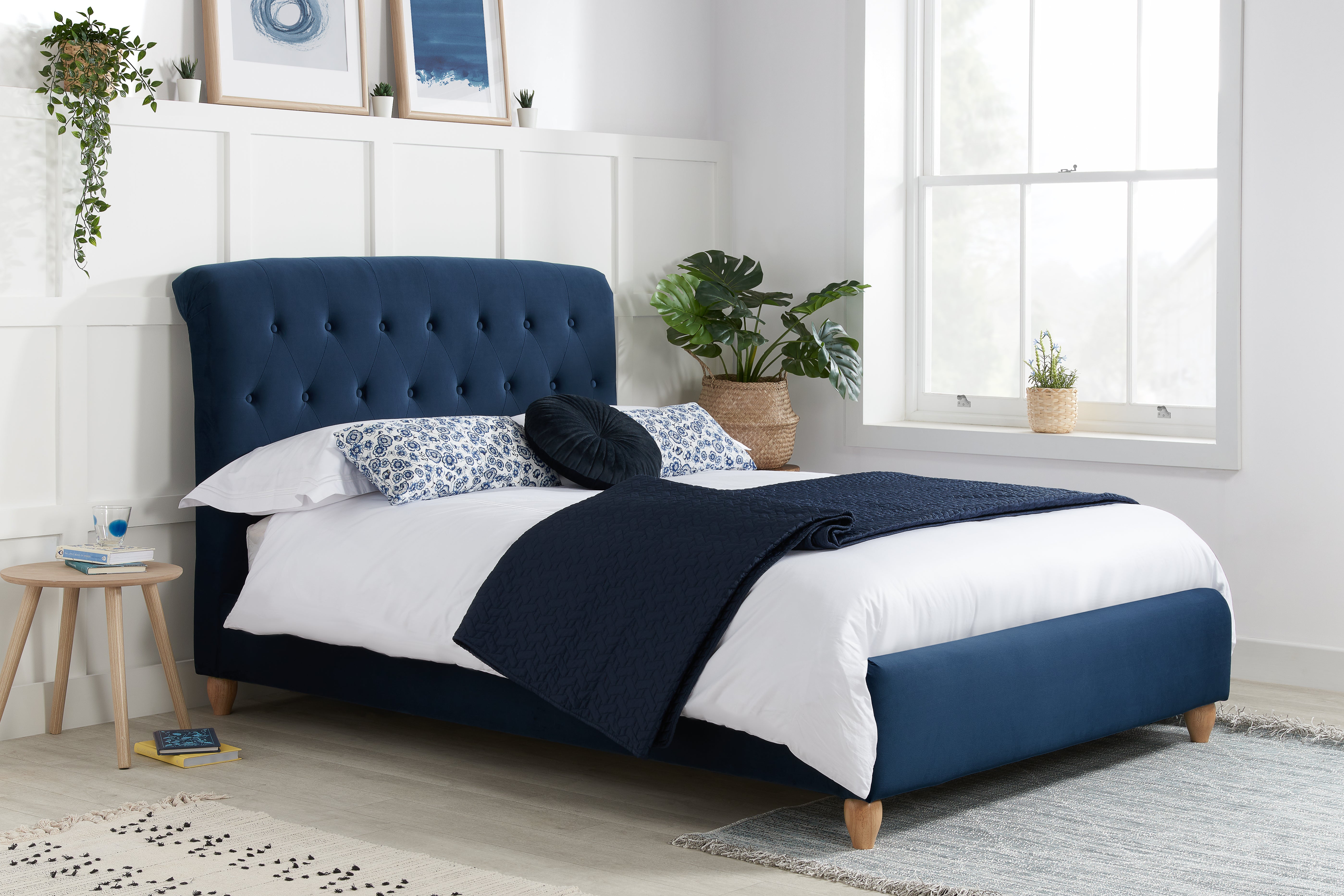 Brompton Blue Fabric Double Bed + Comfort  Double Mattress