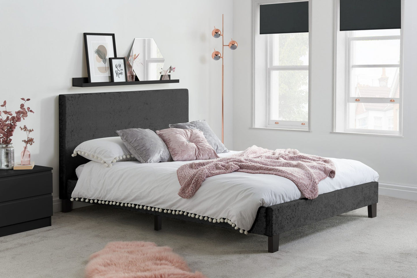 Bonn Berlin Black Curshed Velvet King Bed + Comfort King Mattress