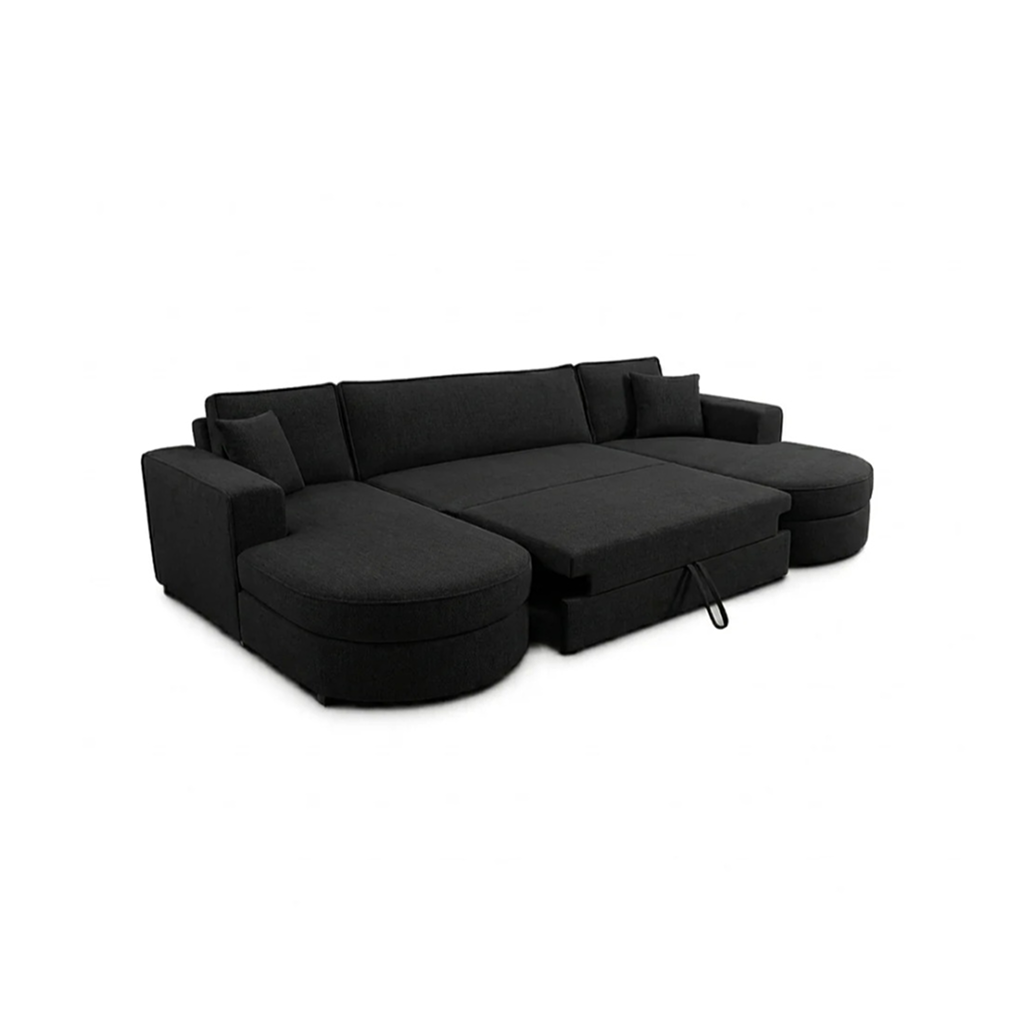 Buckingham Black Enzo Fabric Storage U Shape Sofa/Bed