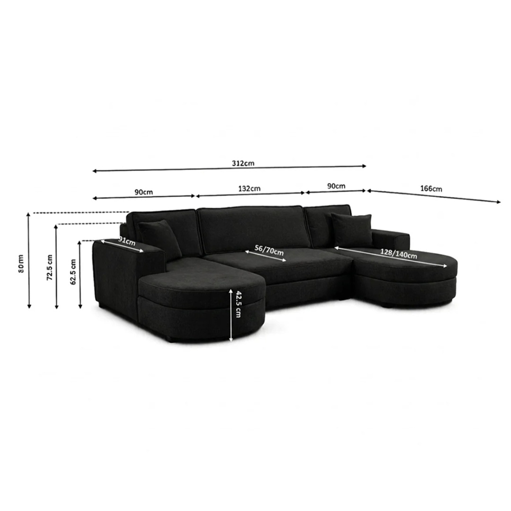 Buckingham Black Enzo Fabric Storage U Shape Sofa/Bed