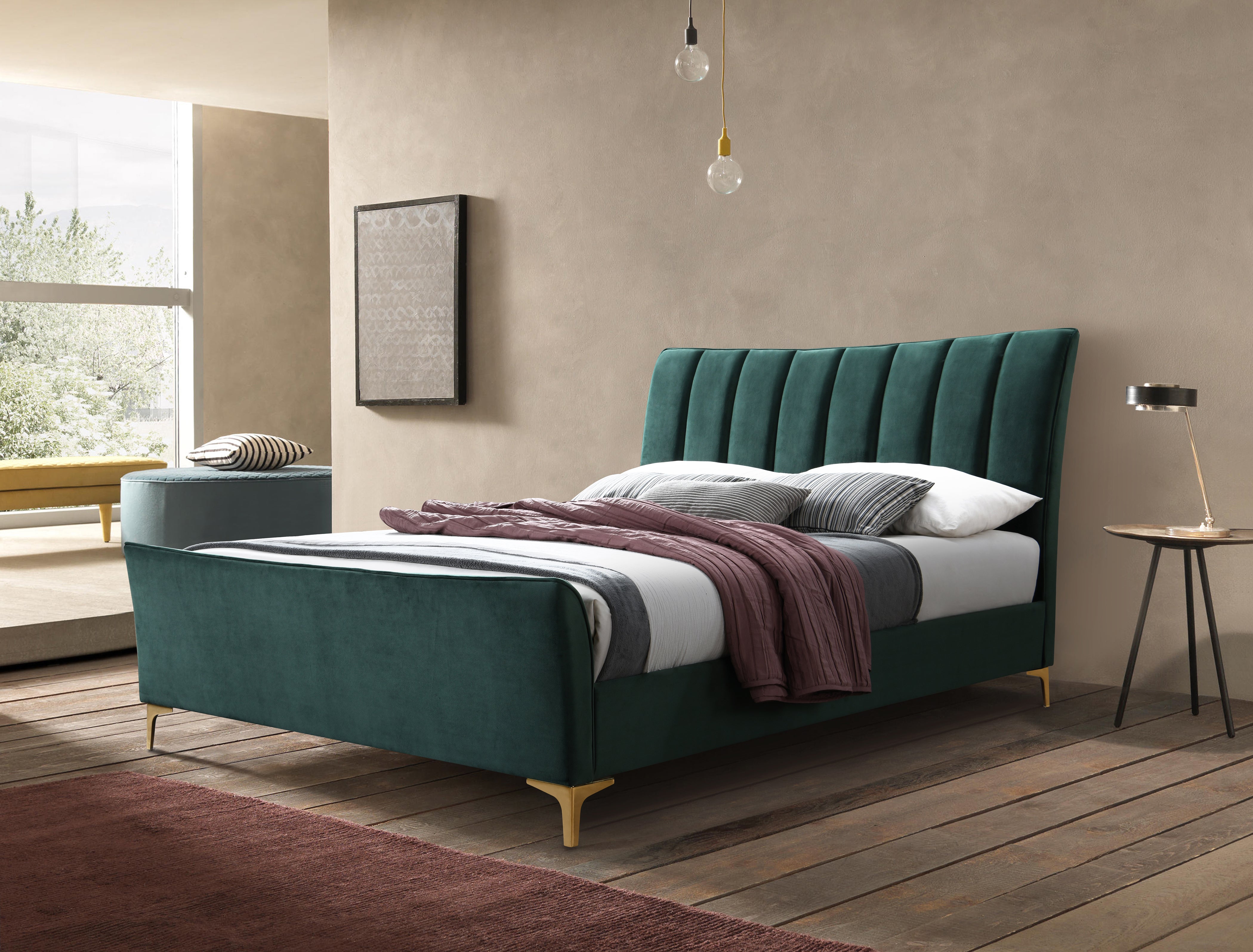 Clover Green Fabric Double Bed + Comfort Double Mattress