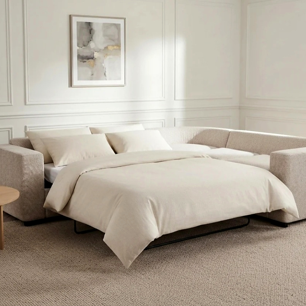 Camila Cream Enzo Fabric Sofa Bed - Corner 5 Seater