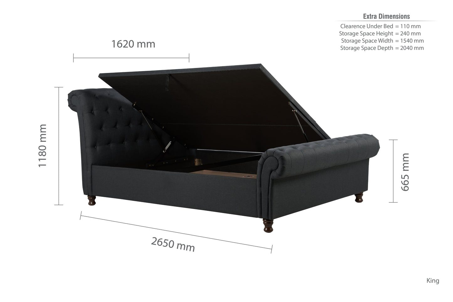 Castello Charcoal  Side Ottoman King  Bed + Bliss King Mattress