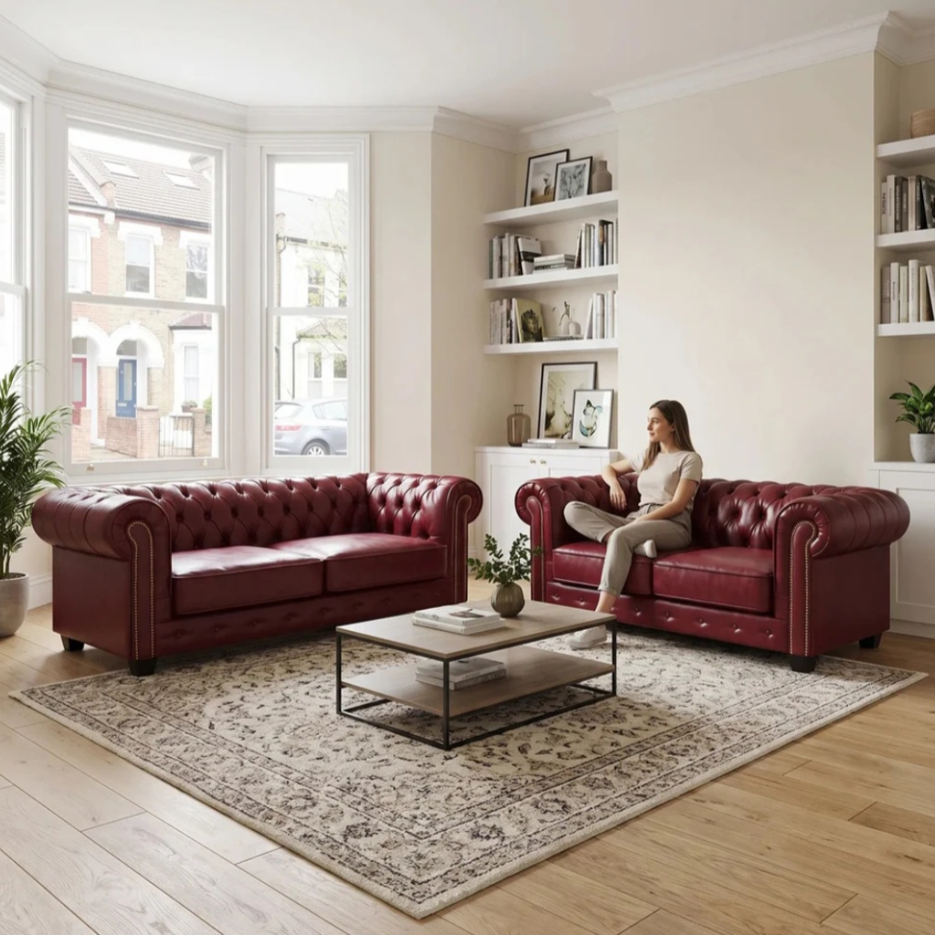 Chesterfield Red Leather Antique 3+2 Seater Sofa Set