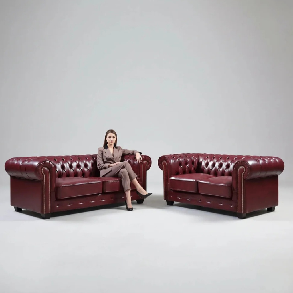 Chesterfield Red Leather Antique 3+2 Seater Sofa Set