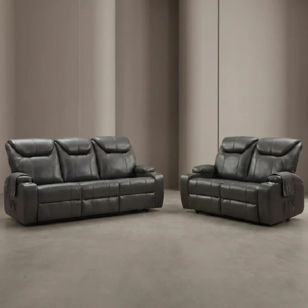 Cinema Grey Electric Leather 3+2 Recliner Sofa Set With Two Cup Holders
