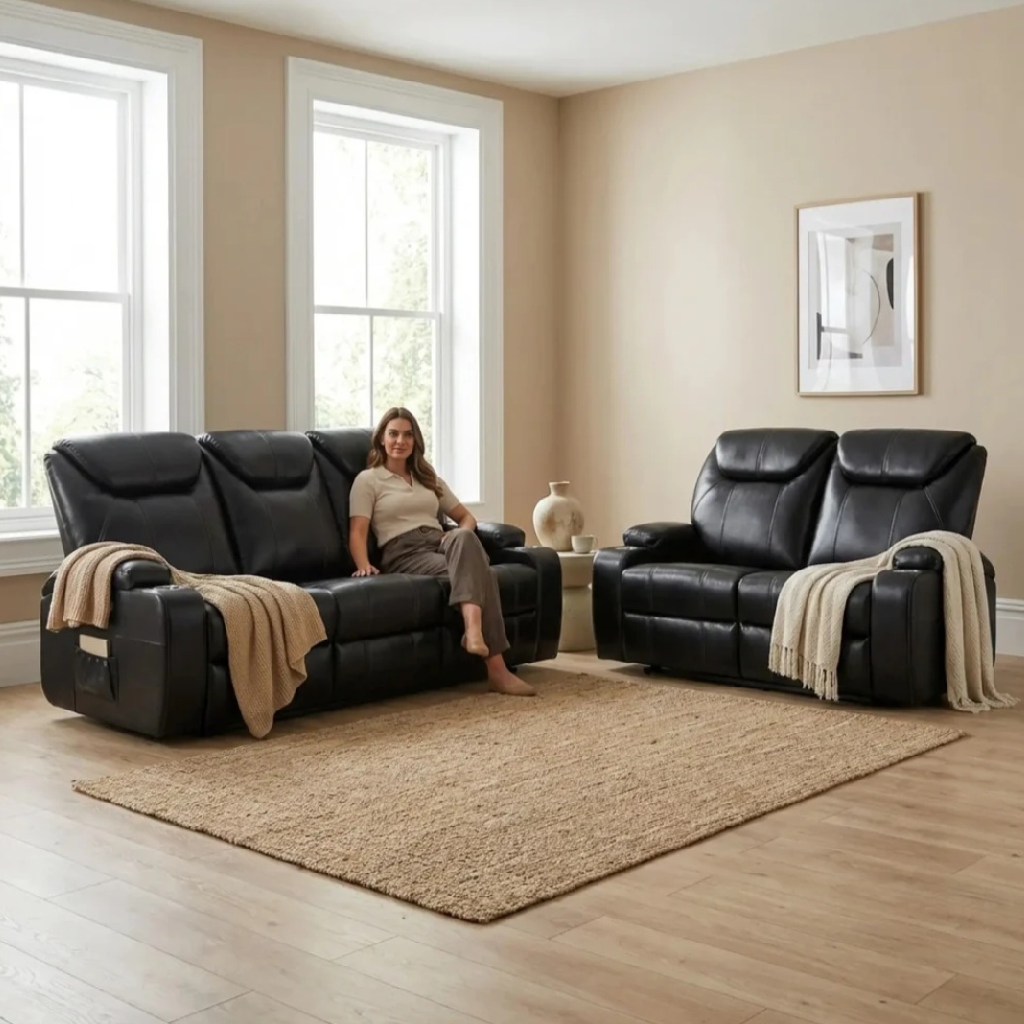 Cinema Black Electric Leather 3+2 Seater Recliner Sofa Set With Two Cup Holders
