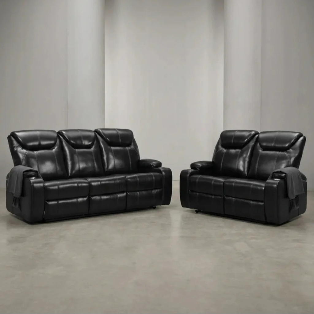 Cinema Black Electric Leather 3+2 Seater Recliner Sofa Set With Two Cup Holders