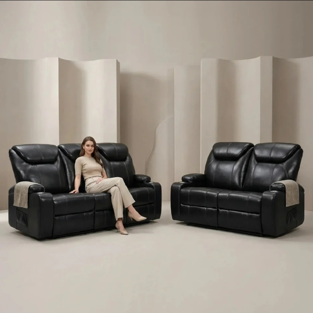 Cinema Black Electric Leather 3+2 Seater Recliner Sofa Set With Two Cup Holders
