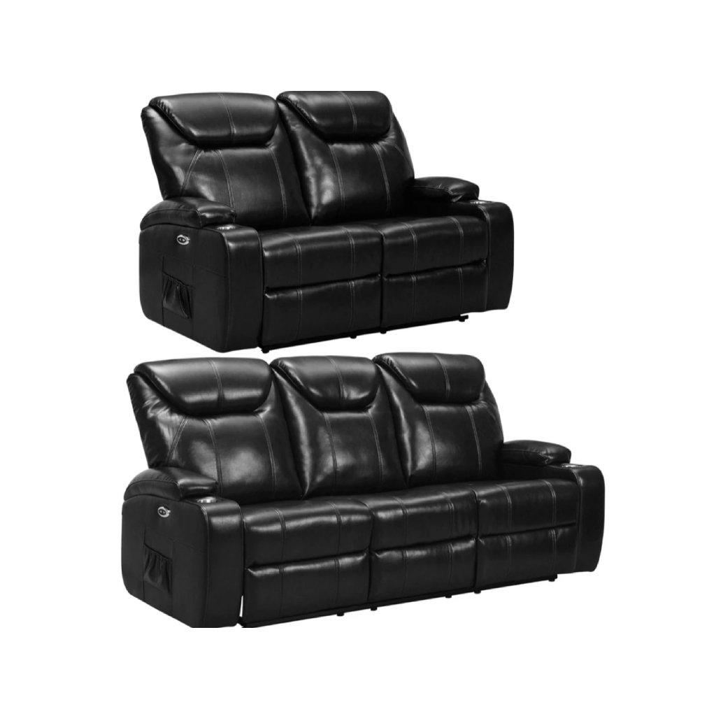 Cinema Black Electric Leather 3+2 Seater Recliner Sofa Set With Two Cup Holders