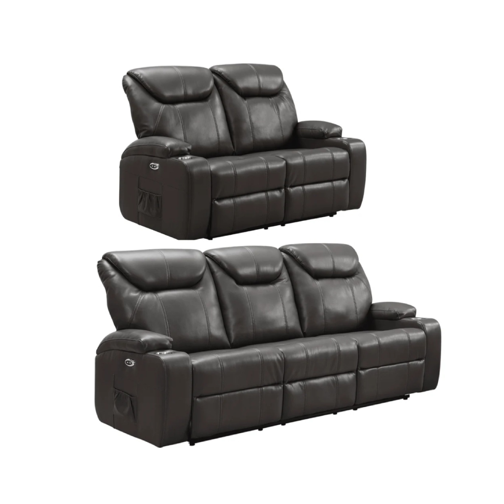 Cinema Grey Electric Leather 3+2 Recliner Sofa Set With Two Cup Holders