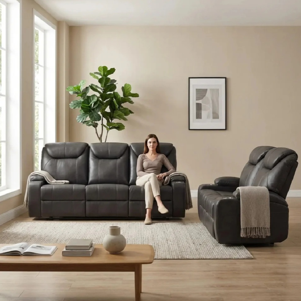 Cinema Grey Electric Leather 3+2 Recliner Sofa Set With Two Cup Holders