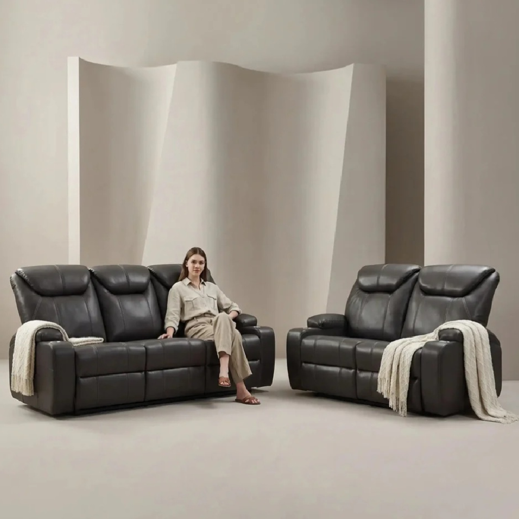 Cinema Grey Electric Leather 3+2 Recliner Sofa Set With Two Cup Holders