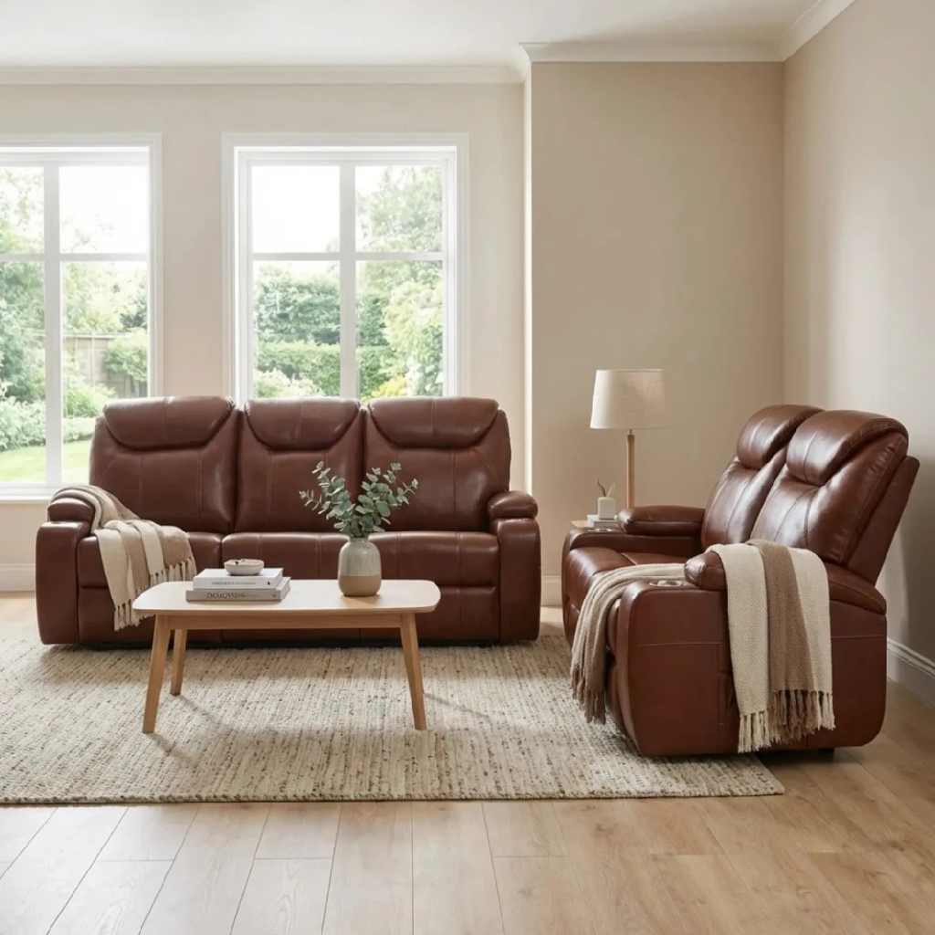Cinema Tan Electric Leather 3+2 Seater Recliner Sofa Set With Two Cup Holders