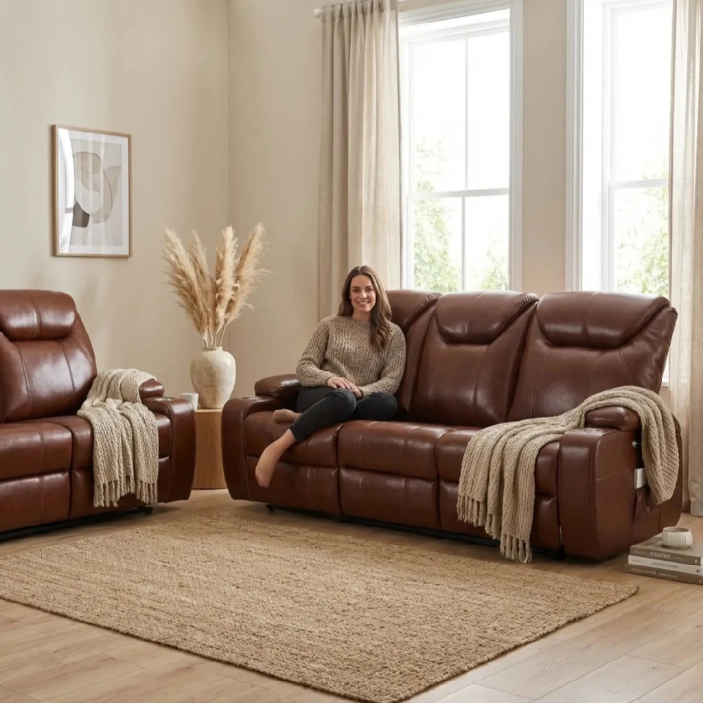 Cinema Tan Electric Leather 3+2 Seater Recliner Sofa Set With Two Cup Holders