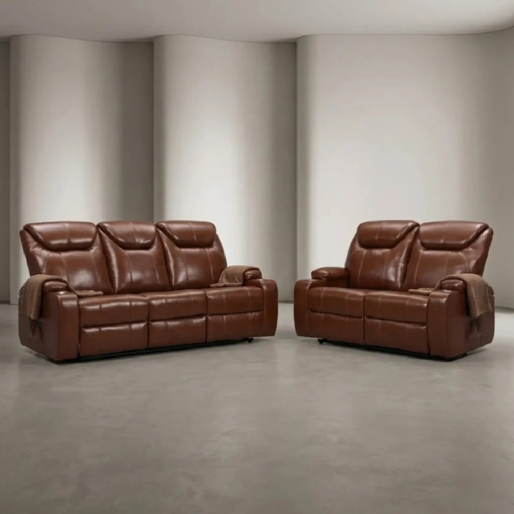 Cinema Tan Electric Leather 3+2 Seater Recliner Sofa Set With Two Cup Holders