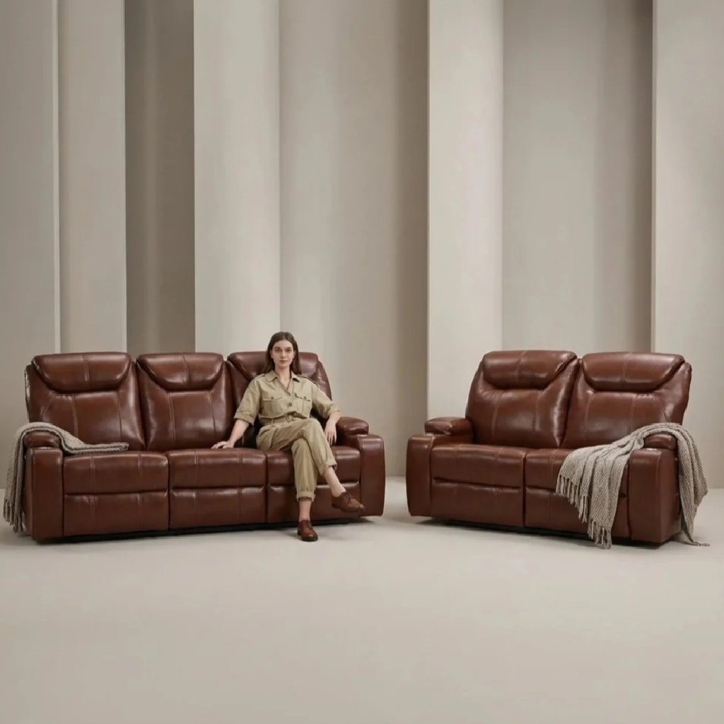 Cinema Tan Electric Leather 3+2 Seater Recliner Sofa Set With Two Cup Holders