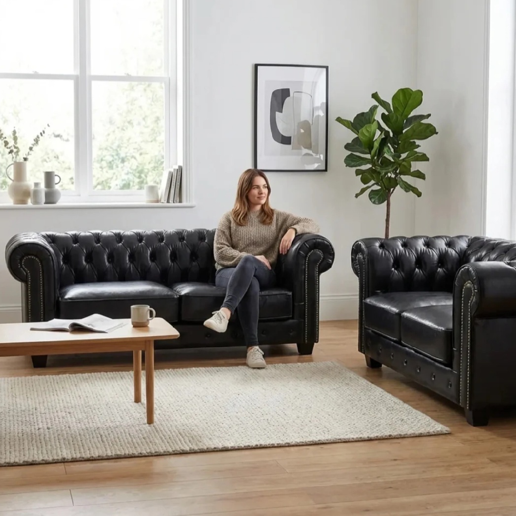 Cotswold Chesterfield Black Leather Antique 3 + 2 Seater Sofa Set