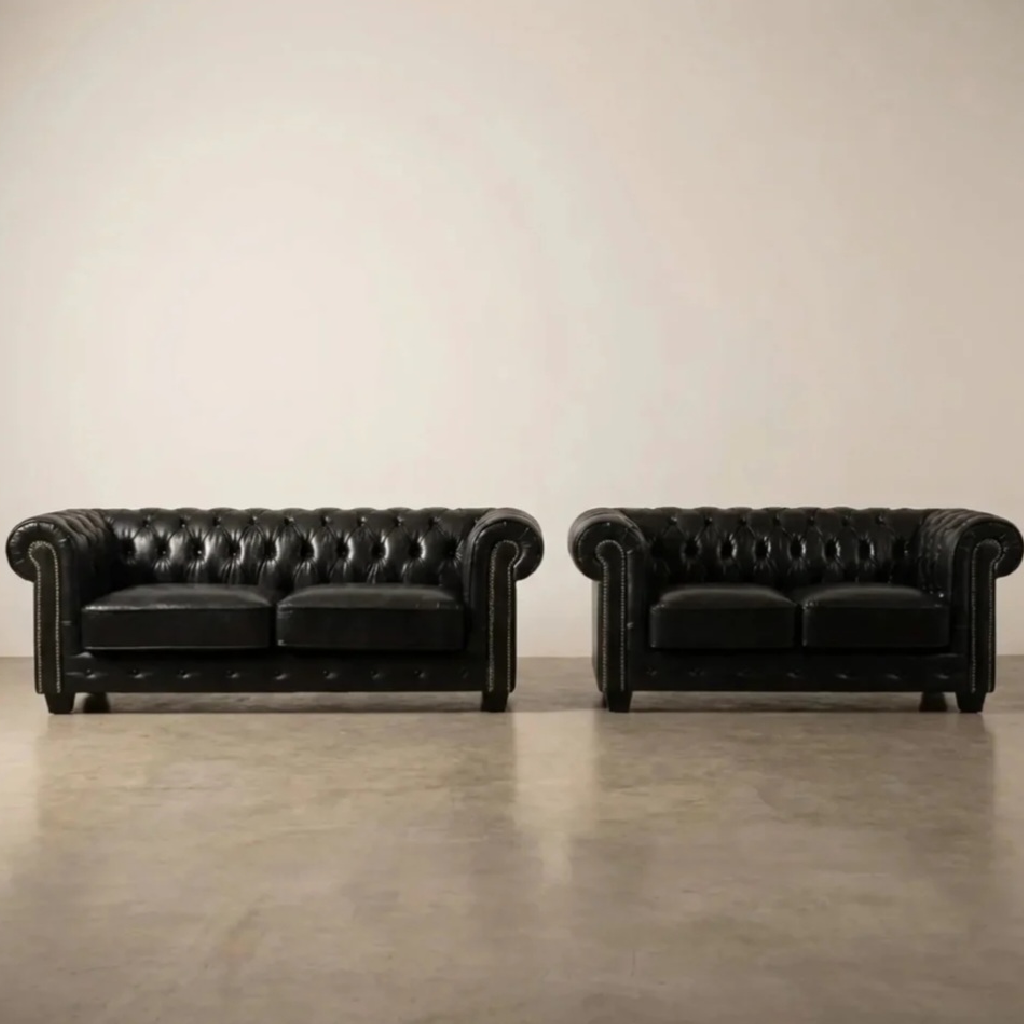 Cotswold Chesterfield Black Leather Antique 3 + 2 Seater Sofa Set
