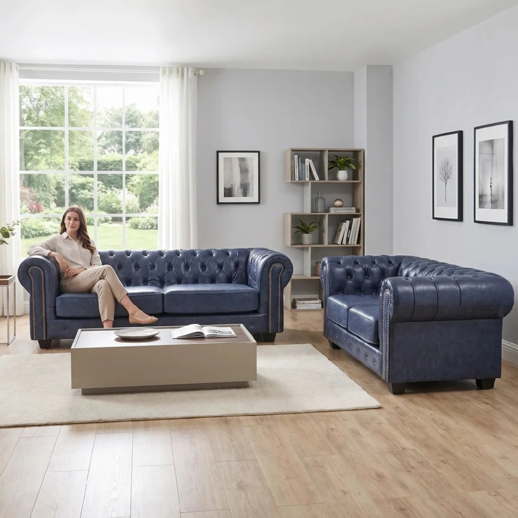Cotswold Chesterfield  Blue Leather Antique 3 + 2 Seater Sofa Set
