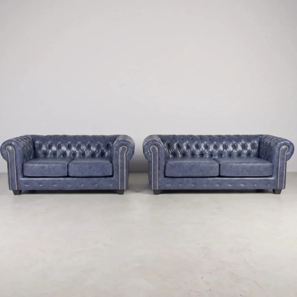 Cotswold Chesterfield  Blue Leather Antique 3 + 2 Seater Sofa Set