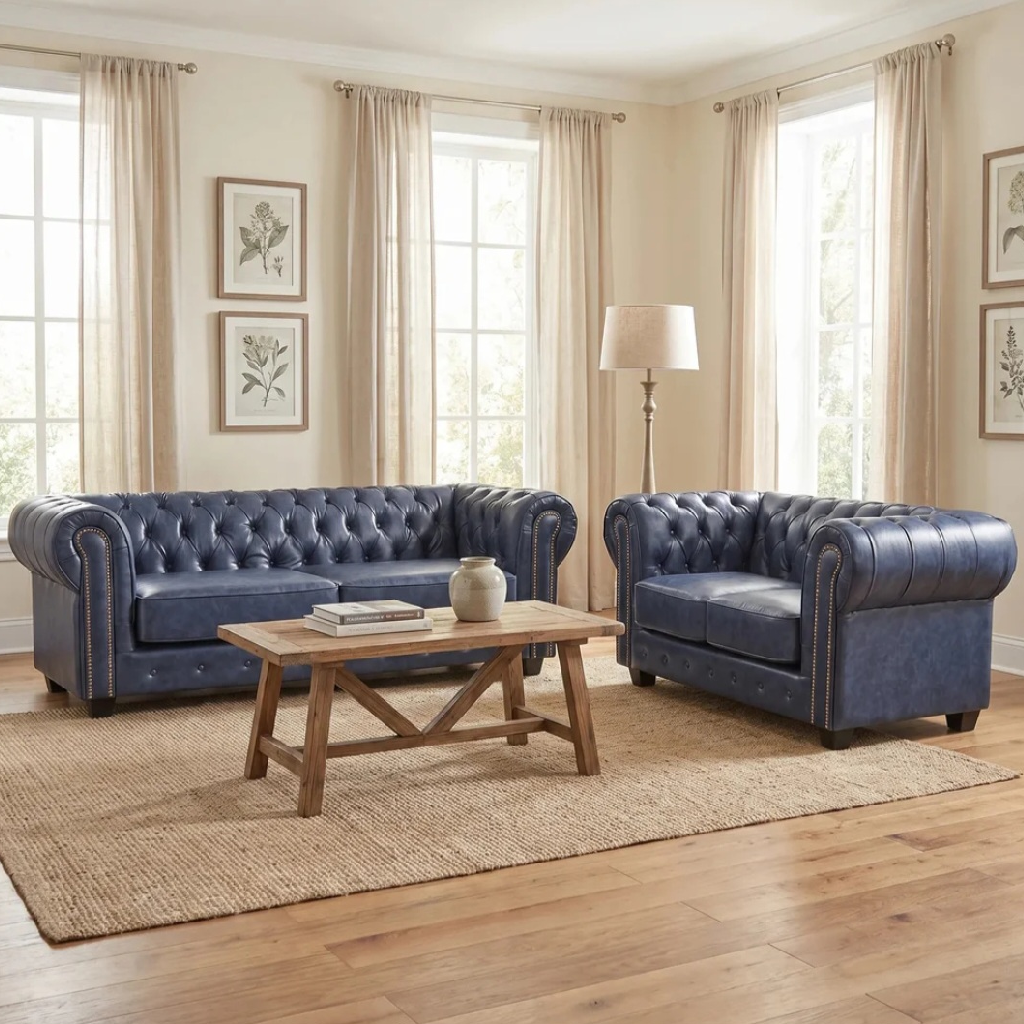 Cotswold Chesterfield  Blue Leather Antique 3 + 2 Seater Sofa Set