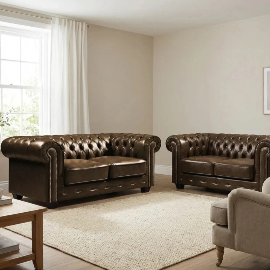 Cotswold Chesterfield Brown Leather Antique 3 + 2  Seater Sofa Set