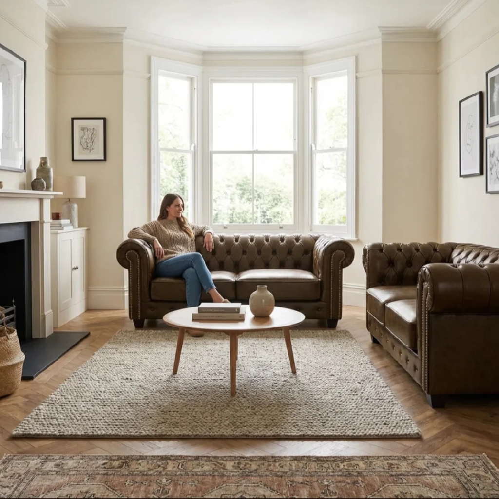 Cotswold Chesterfield Brown Leather Antique 3 + 2  Seater Sofa Set