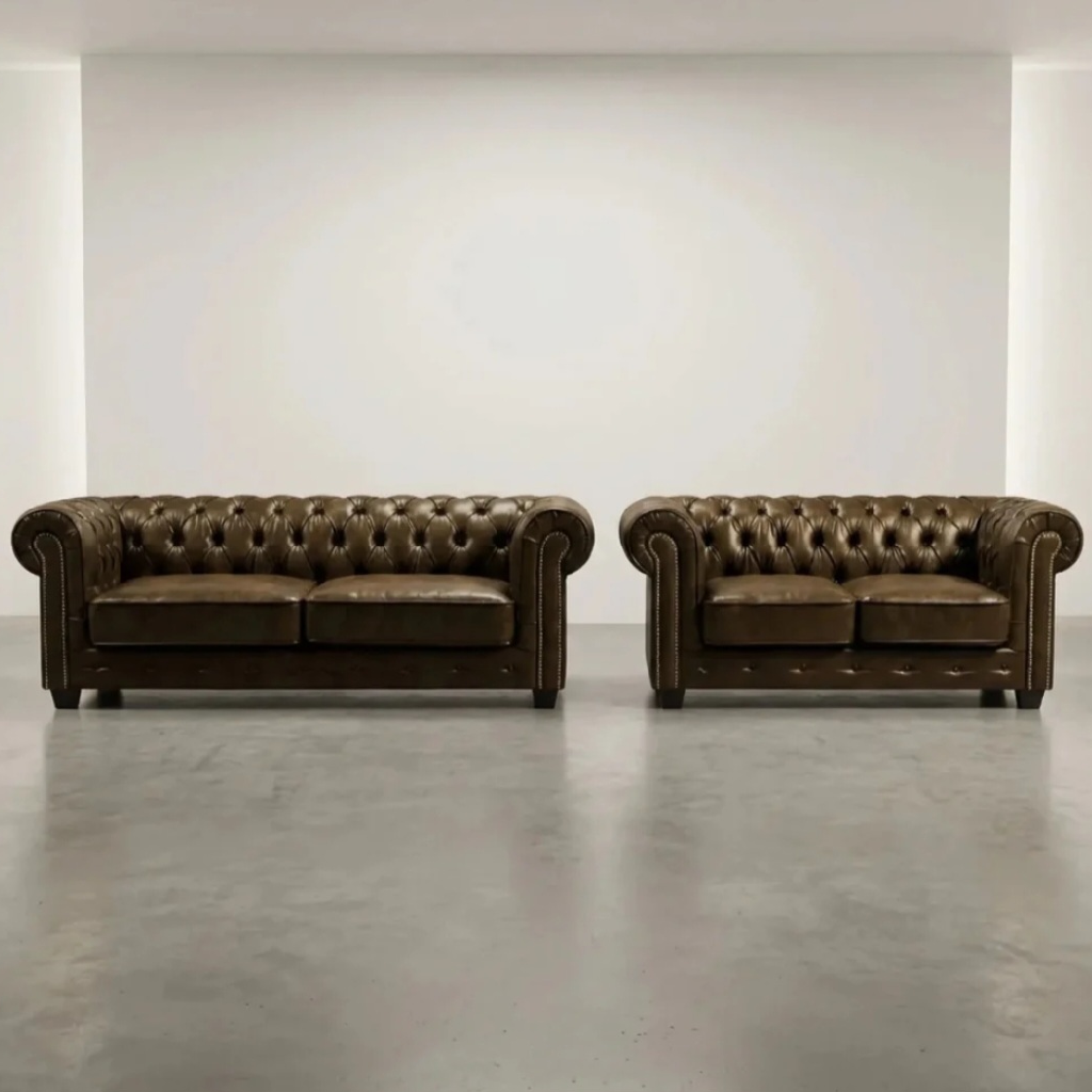 Cotswold Chesterfield Brown Leather Antique 3 + 2  Seater Sofa Set