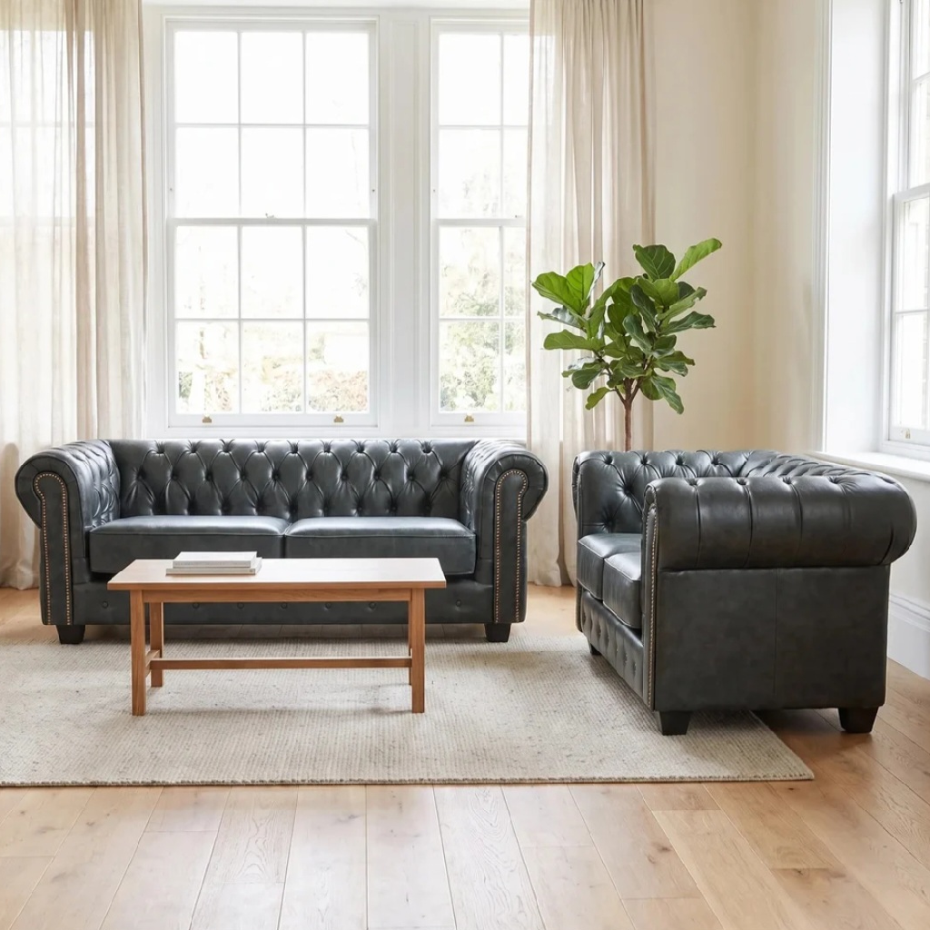 Cotswold Chesterfield Green Leather Antique 3 + 2 Seater Sofa Set