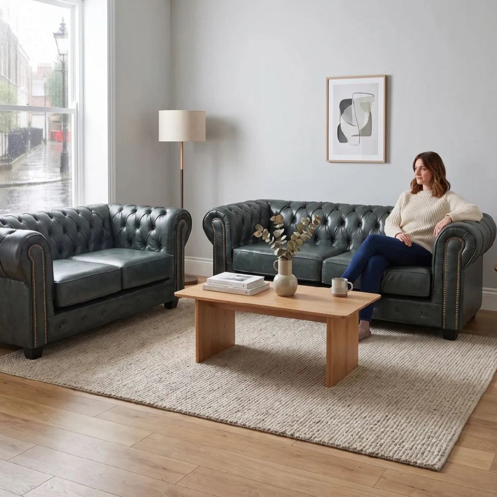 Cotswold Chesterfield Green Leather Antique 3 + 2 Seater Sofa Set