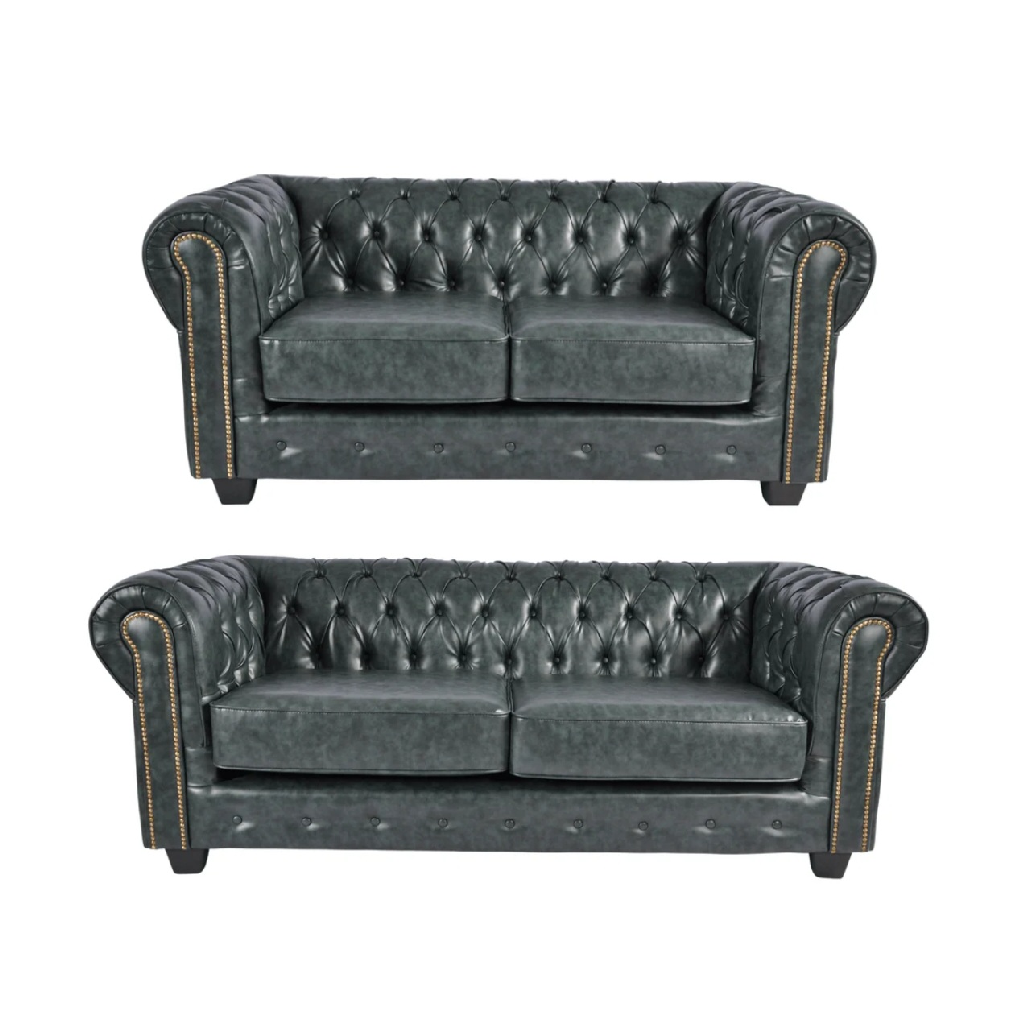 Cotswold Chesterfield Green Leather Antique 3 + 2 Seater Sofa Set