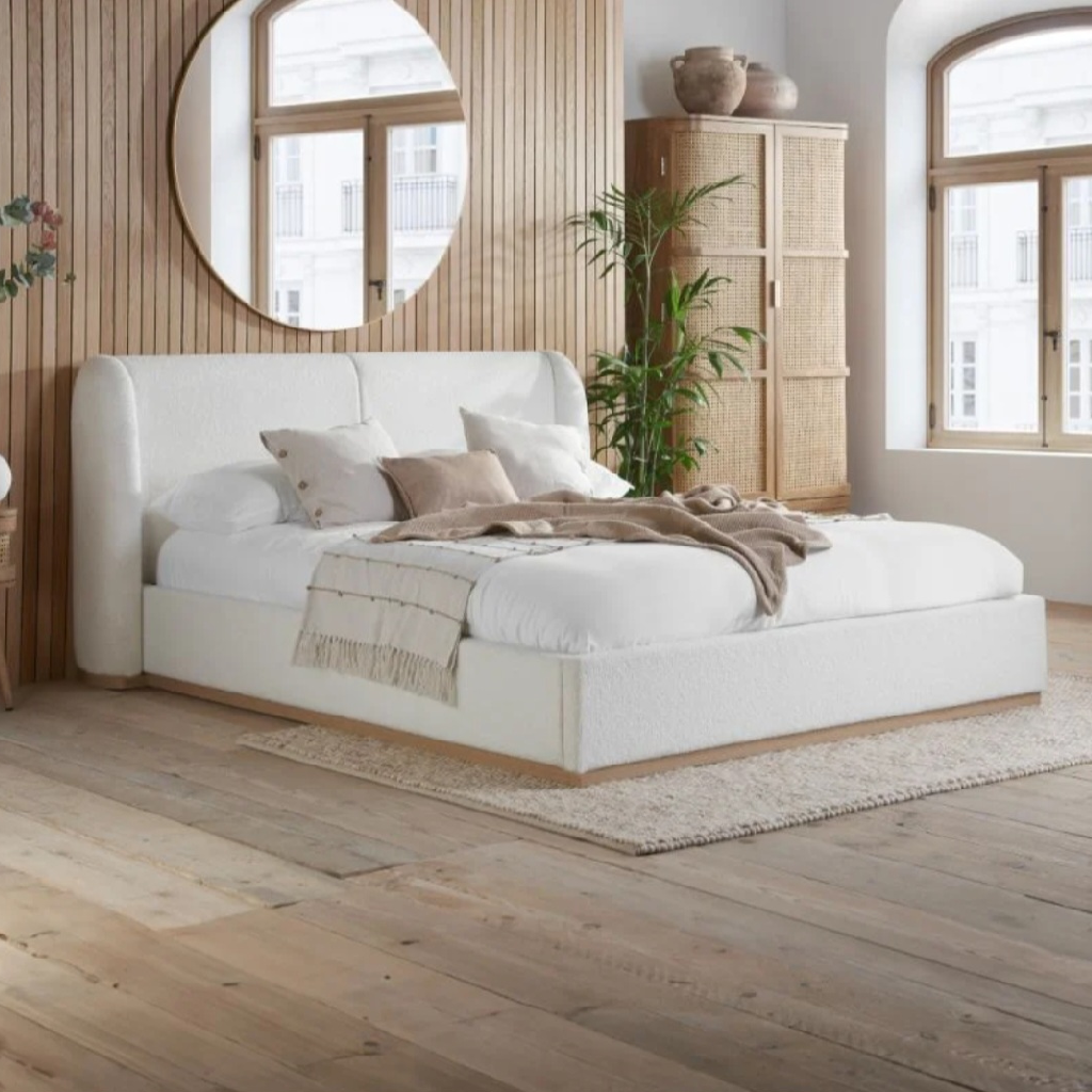 Eden White Boucle Double Bed + Sleep Happy Heaven 1000 Pocket Sprung Coolgel Double Mattress