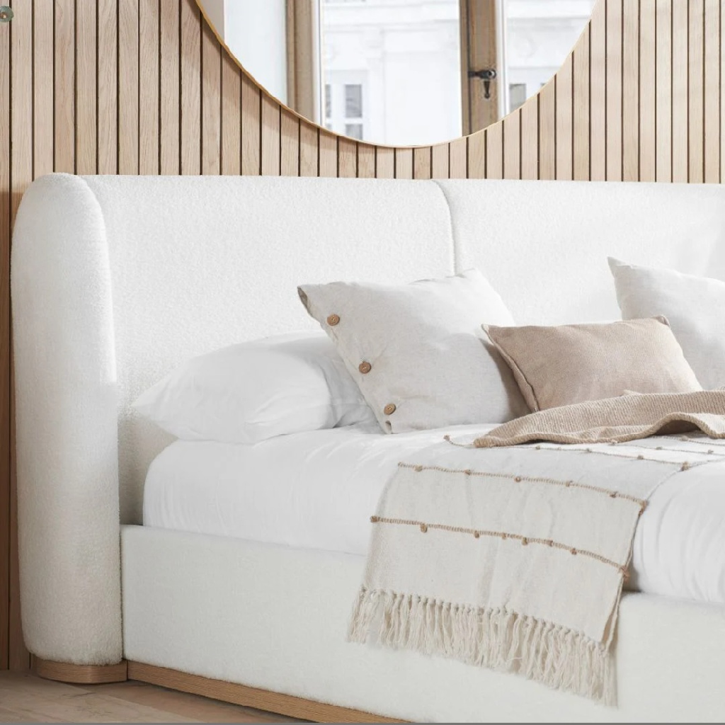 Eden White Boucle King Bed + Sleep Happy Heaven 1000 Pocket Sprung Coolgel King Mattress
