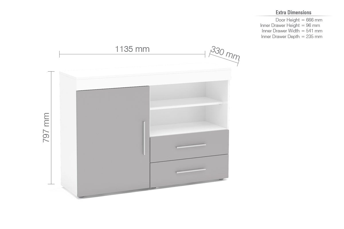 Edgeware White & Grey 1 Door 2 Drawer Sideboard