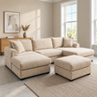 Elyse Cream Dapple Fabric U-Shape Sofa with Storage Footstool