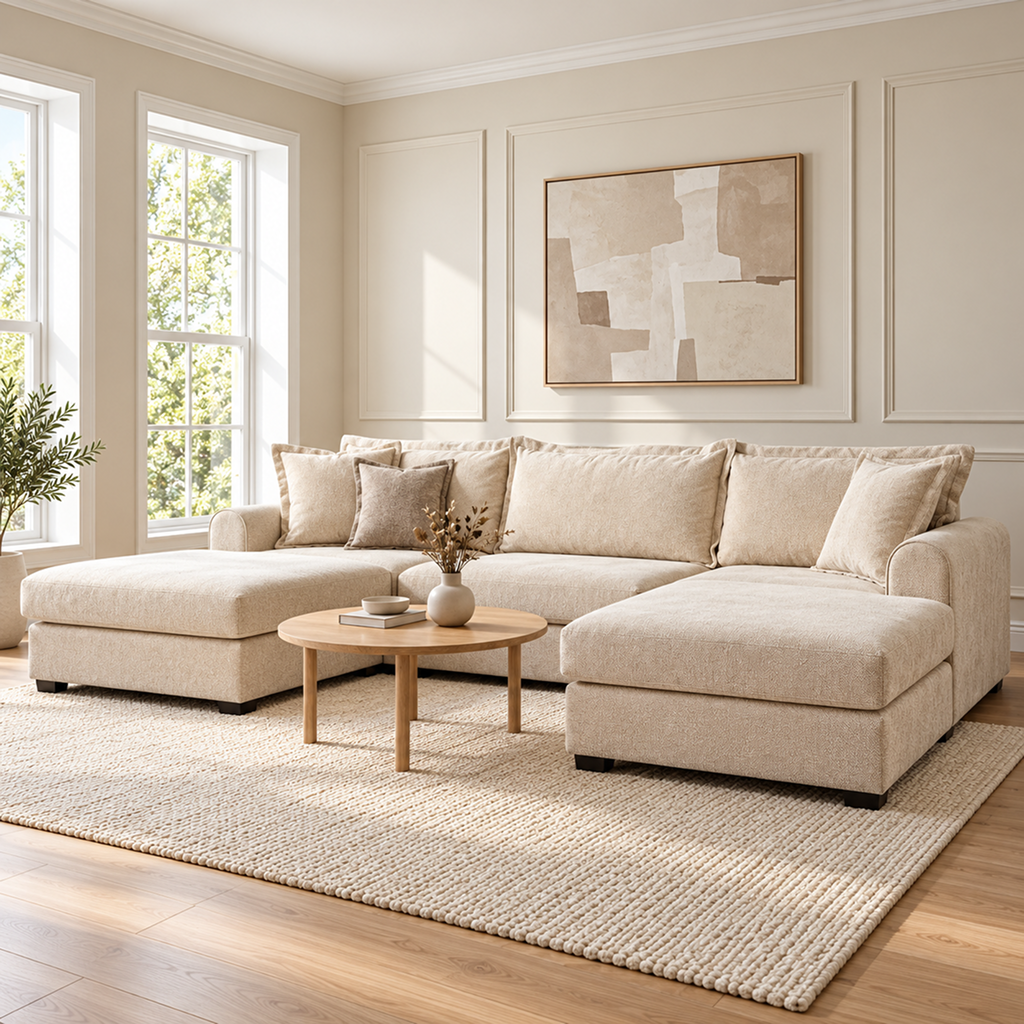 Elyse Cream Dapple Fabric U-Shape Sofa with Storage Footstool