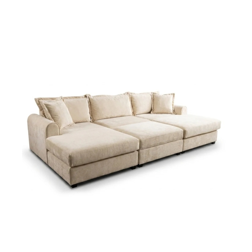 Elyse Cream Dapple Fabric U-Shape Sofa with Storage Footstool