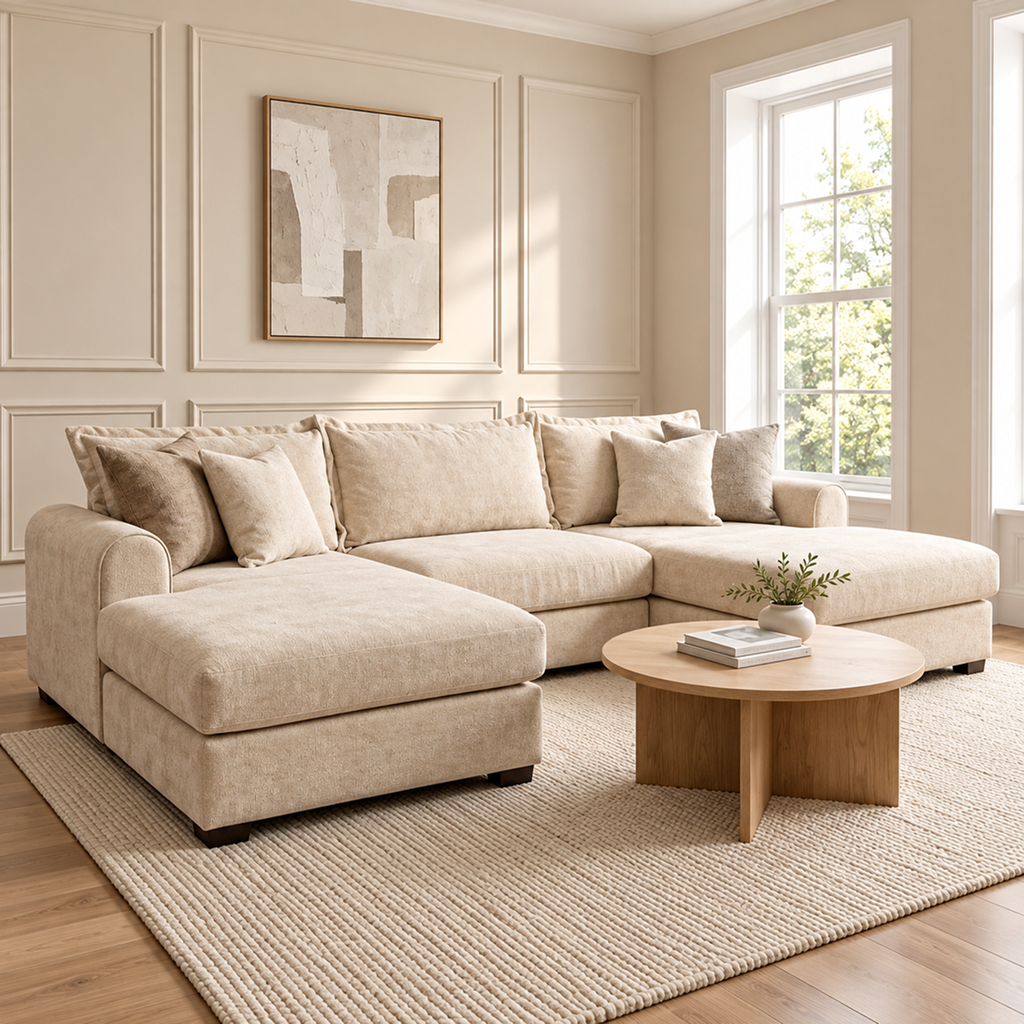 Elyse Cream Dapple Fabric U-Shape Sofa with Storage Footstool