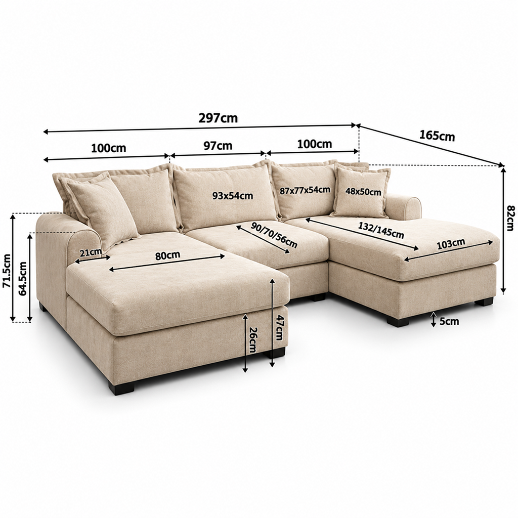 Elyse Cream Dapple Fabric U-Shape Sofa with Storage Footstool