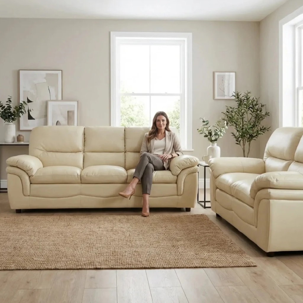 Ferona Cream Leather 3+2 Seater Sofa Set