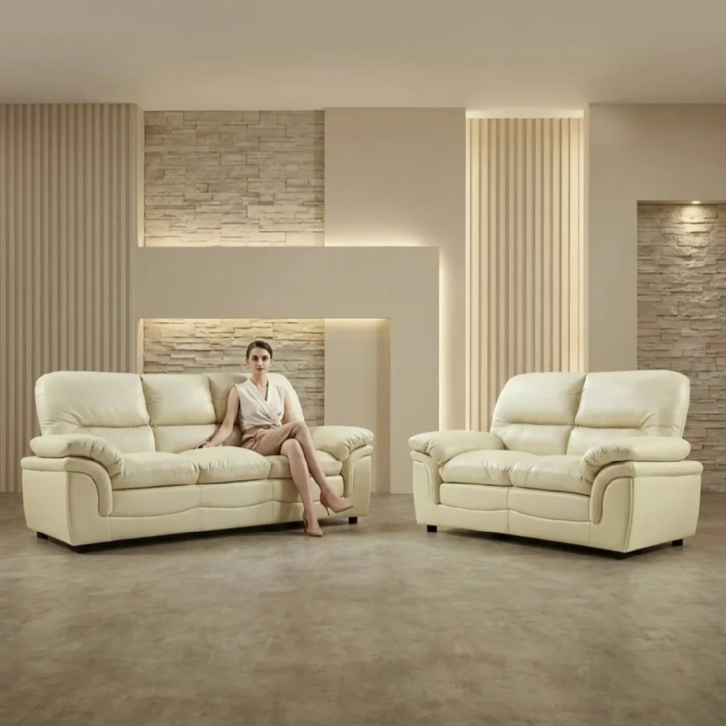 Ferona Cream Leather 3+2 Seater Sofa Set